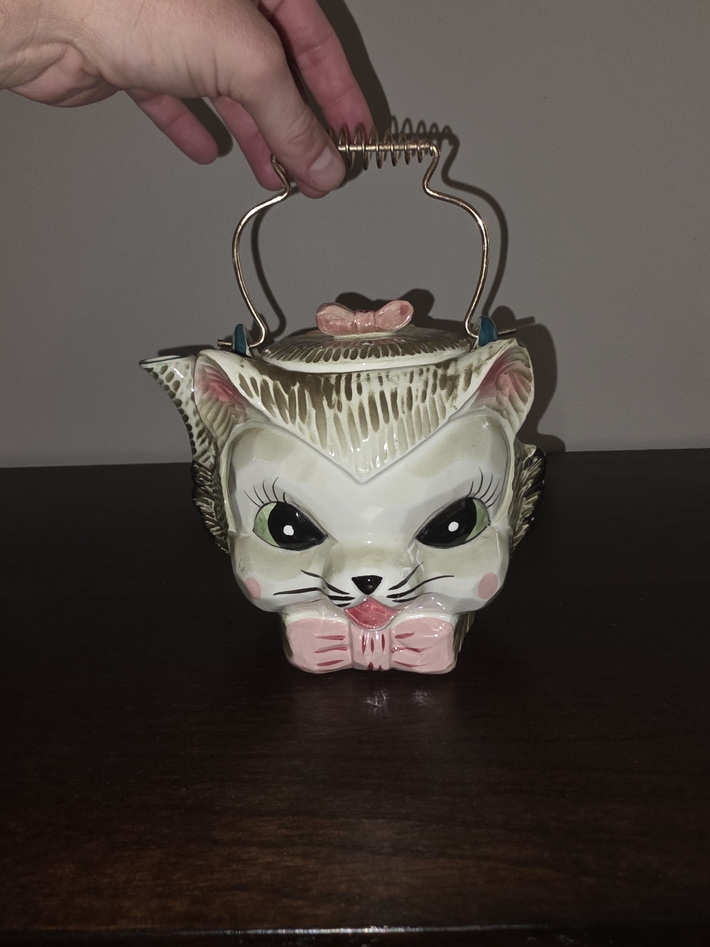 Cat shaped ceramic teapot in Green & Pink